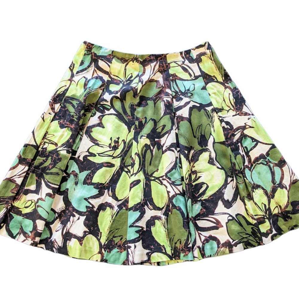 Womens Sunny Leigh Flowers Floral Pleated Cotton Blend Skirt Size 2 Green White